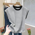 Striped Knit Top With Picot Trim Sleeves - Black