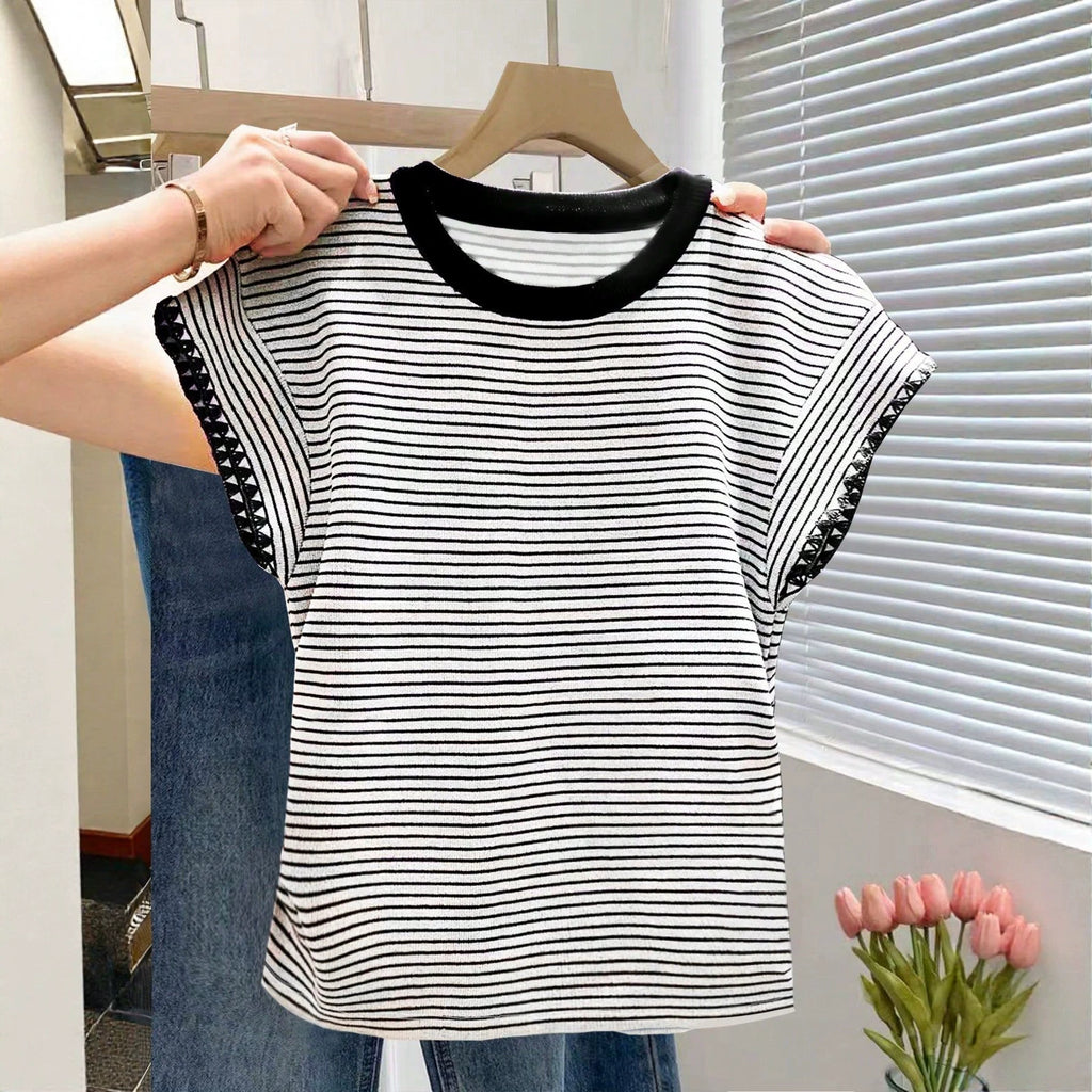 Striped Knit Top With Picot Trim Sleeves - Black - 1