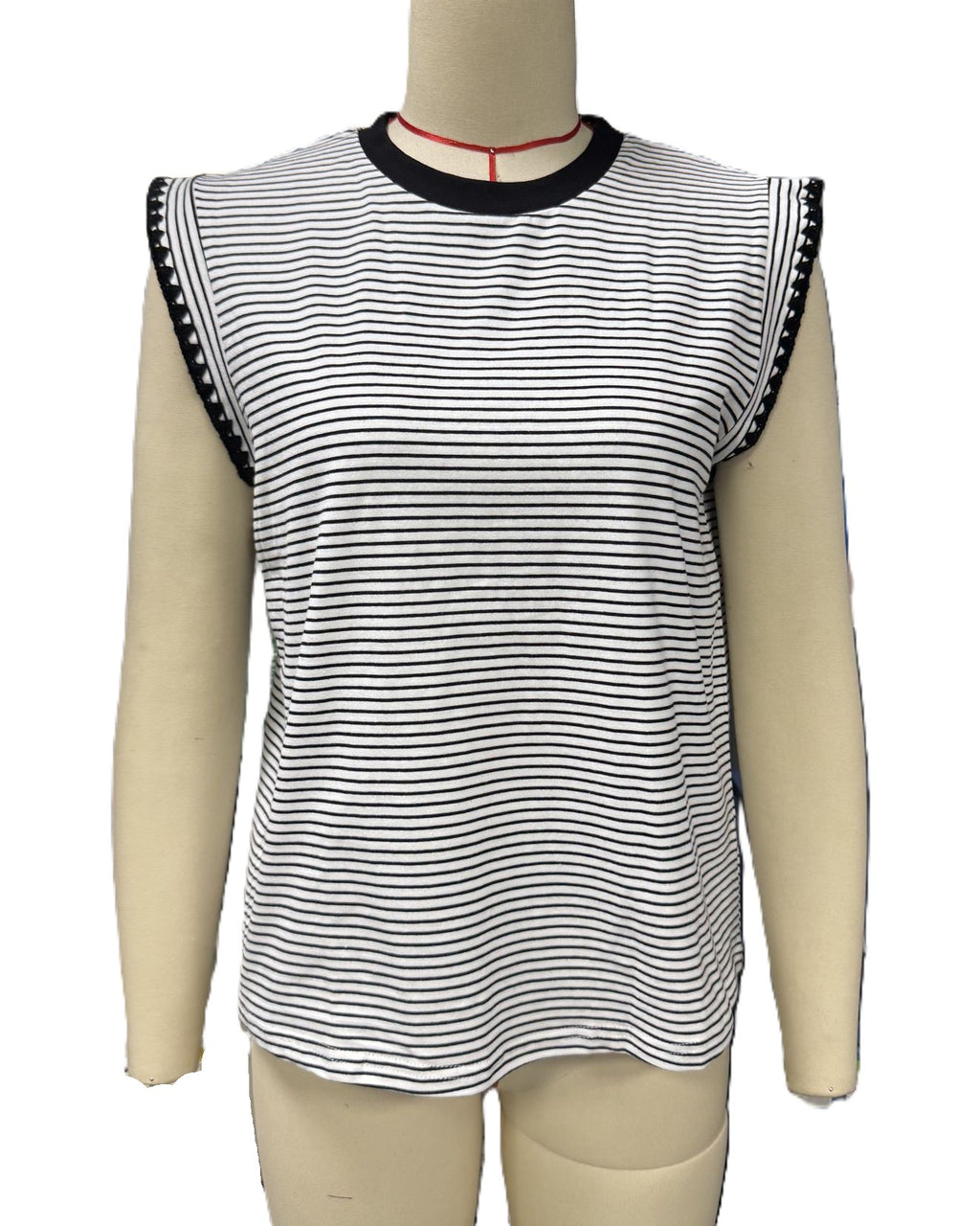Striped Knit Top With Picot Trim Sleeves - Black - 2