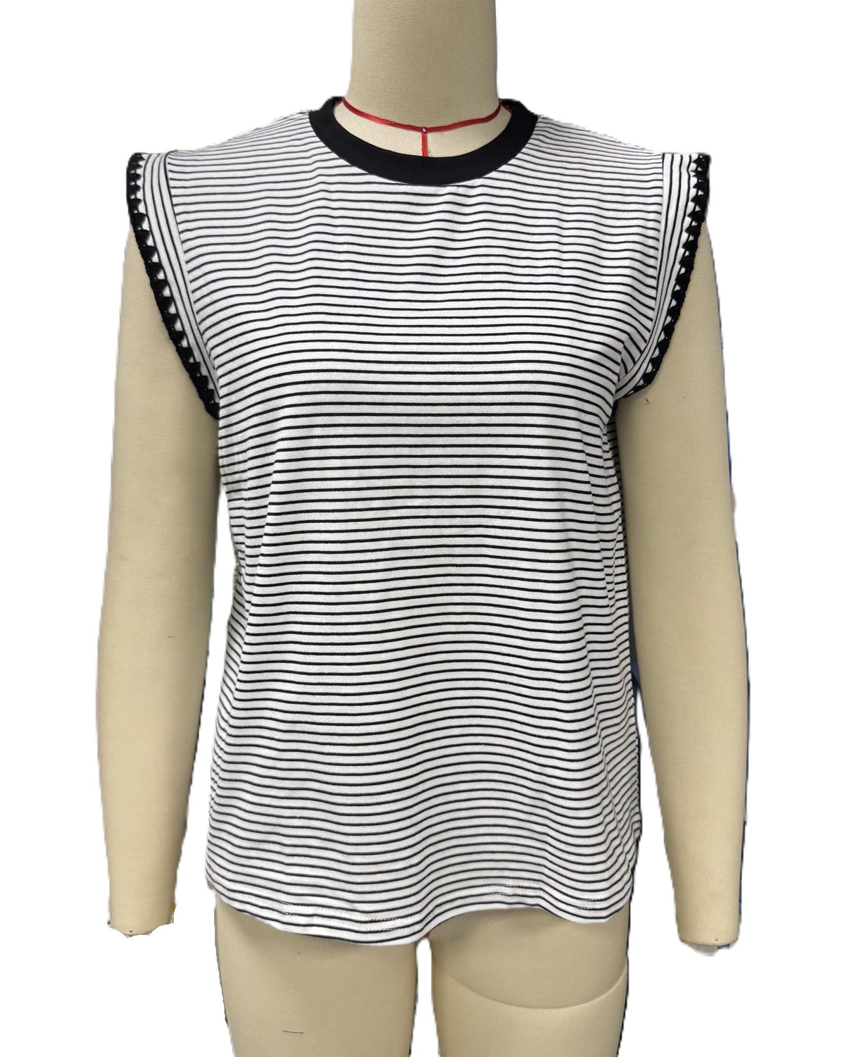 Striped Knit Top With Picot Trim Sleeves - Black - 2
