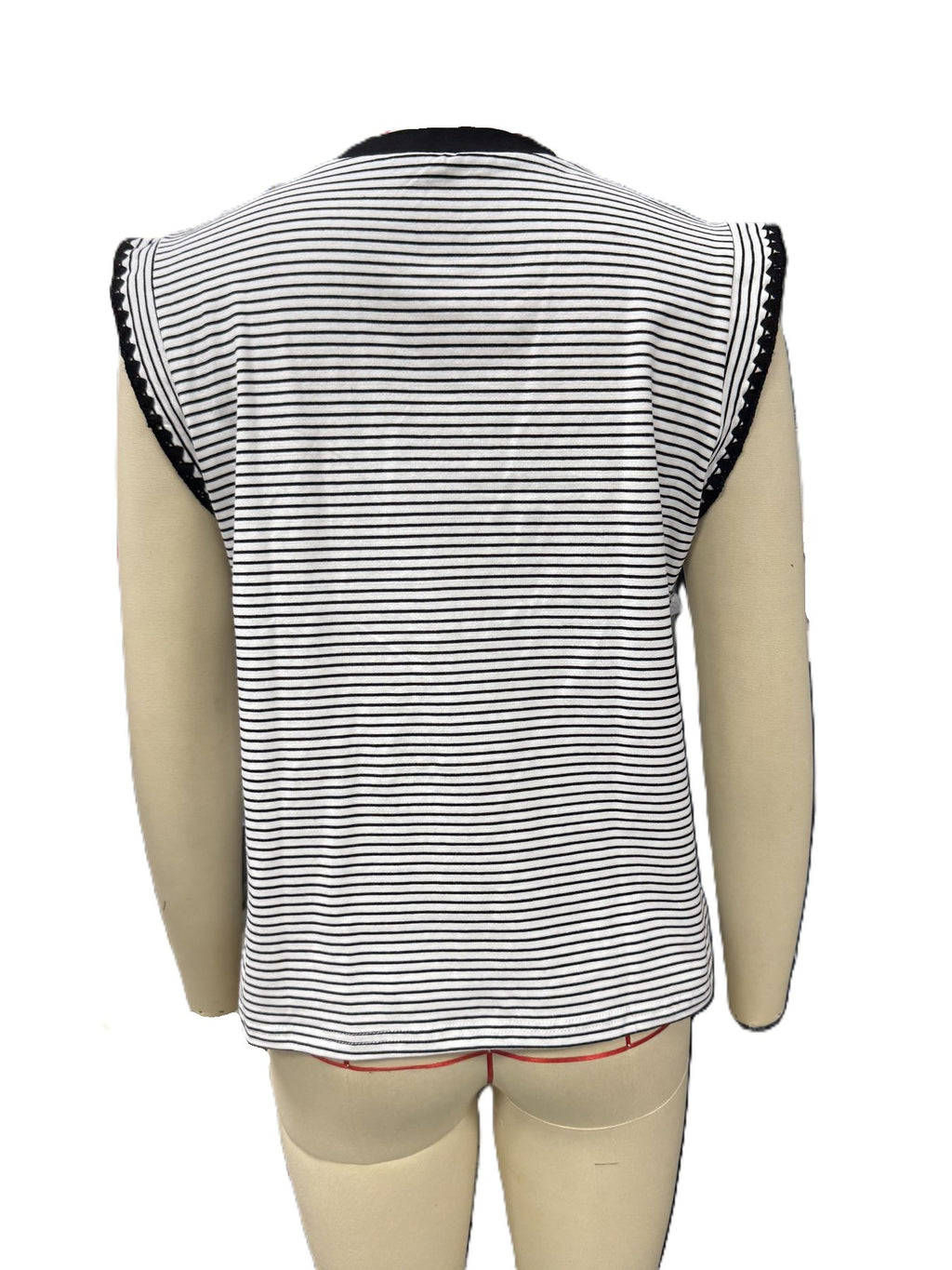 Striped Knit Top With Picot Trim Sleeves - Black - 5