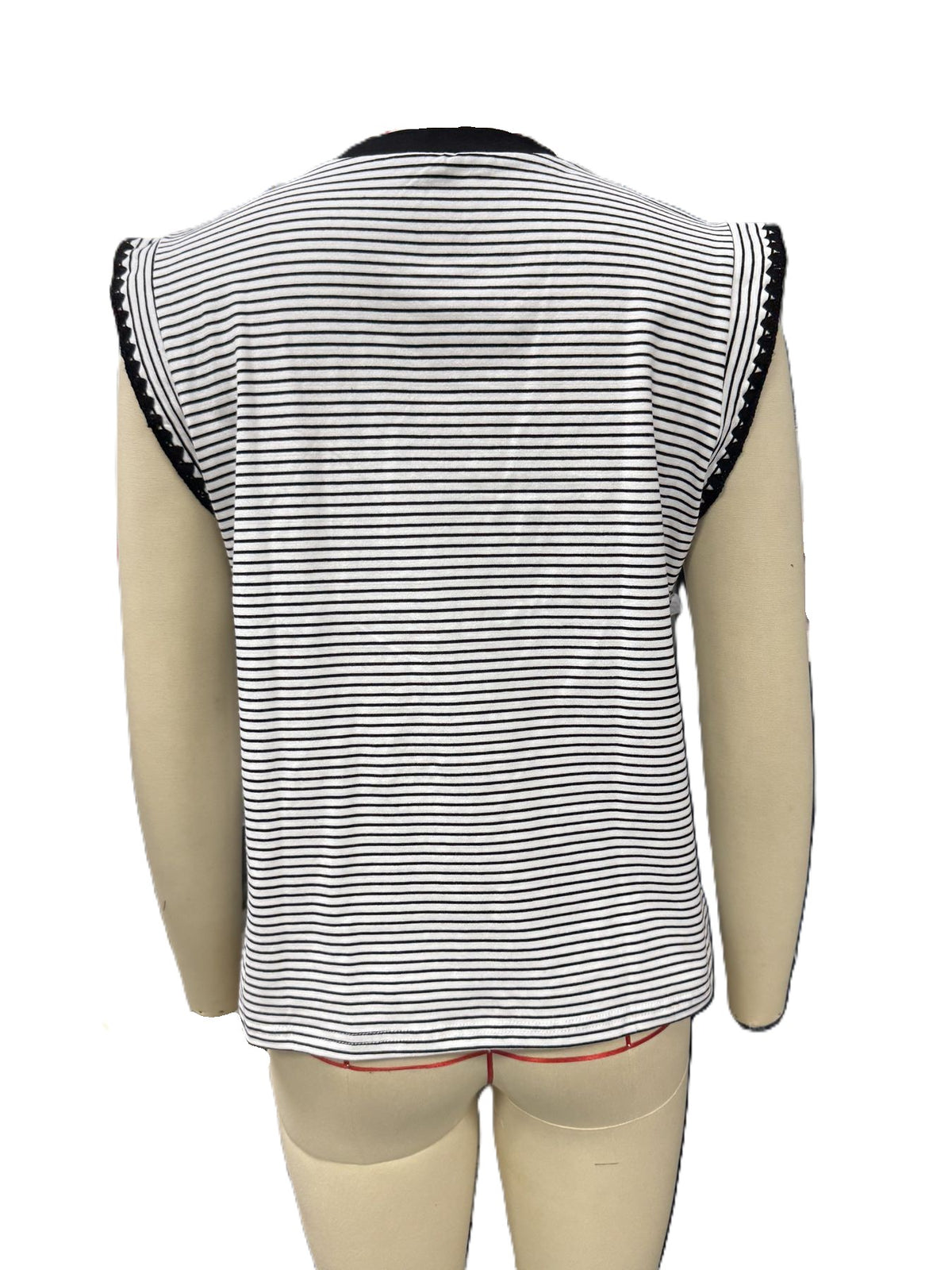 Striped Knit Top With Picot Trim Sleeves - Black - 5