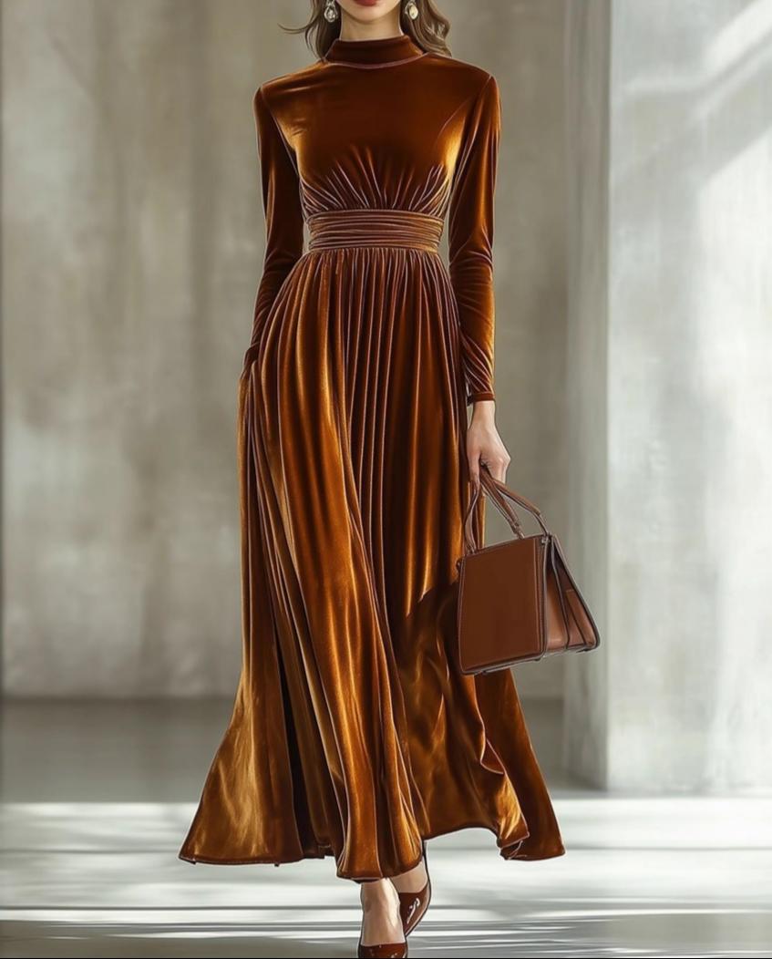 Velvet Mock Neck Ruched Waist Maxi Dress - Caramel