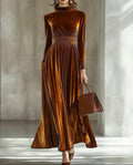 Velvet Mock Neck Ruched Waist Maxi Dress - Caramel