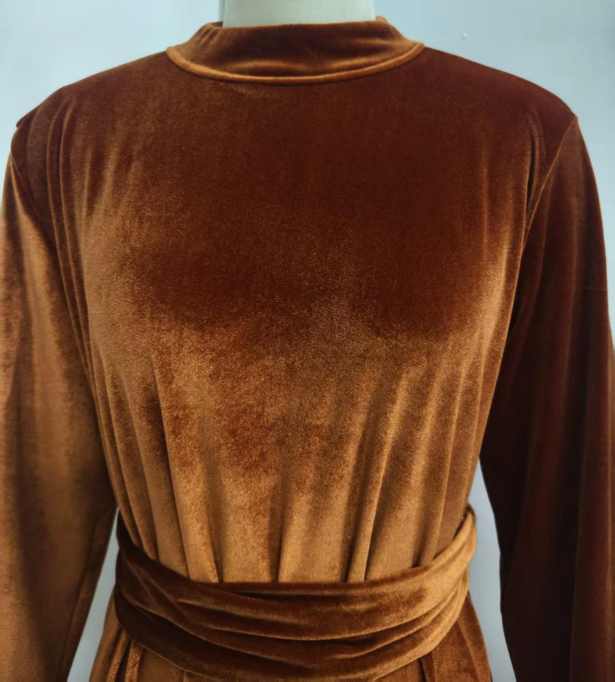 Velvet Mock Neck Ruched Waist Maxi Dress - Caramel - 1