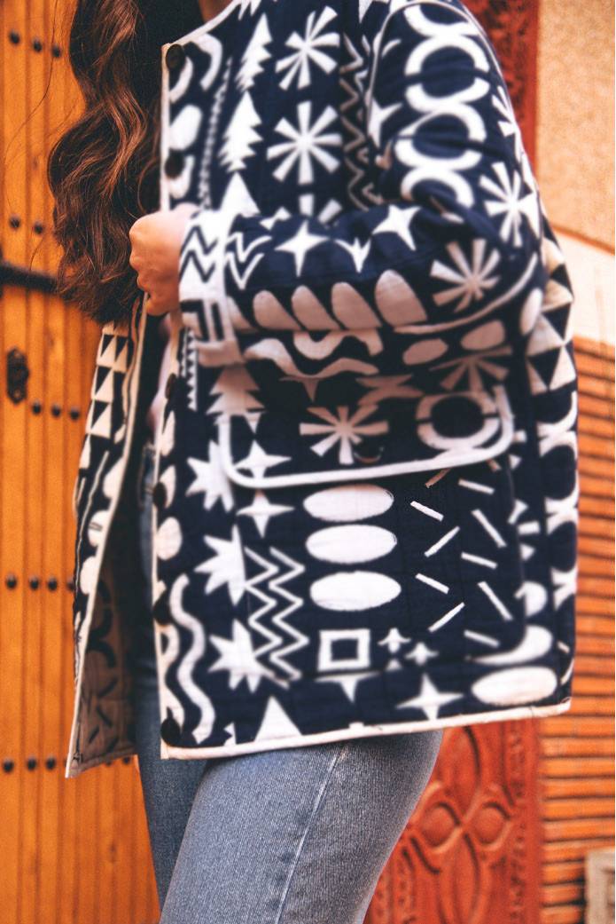 Navy Geometric Print Padded Collarless Jacket - navy