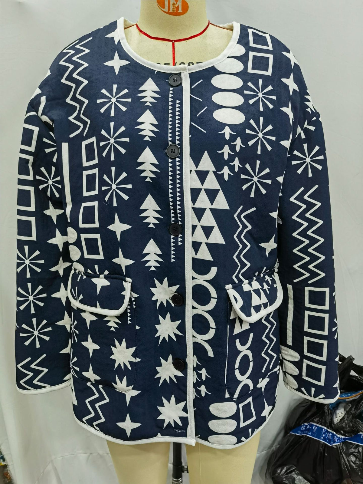Navy Geometric Print Padded Collarless Jacket - navy - 1