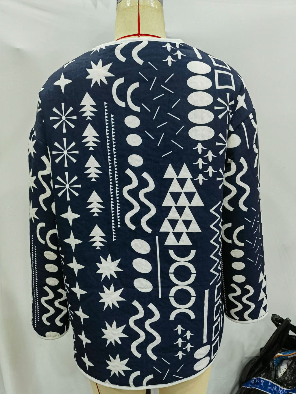 Navy Geometric Print Padded Collarless Jacket - navy - 2