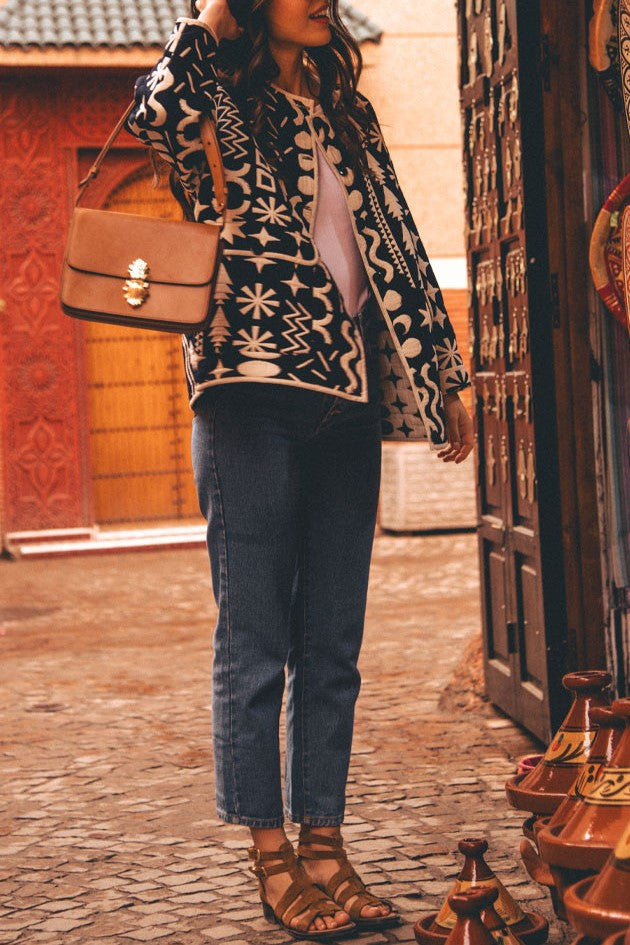 Navy Geometric Print Padded Collarless Jacket - navy - 3