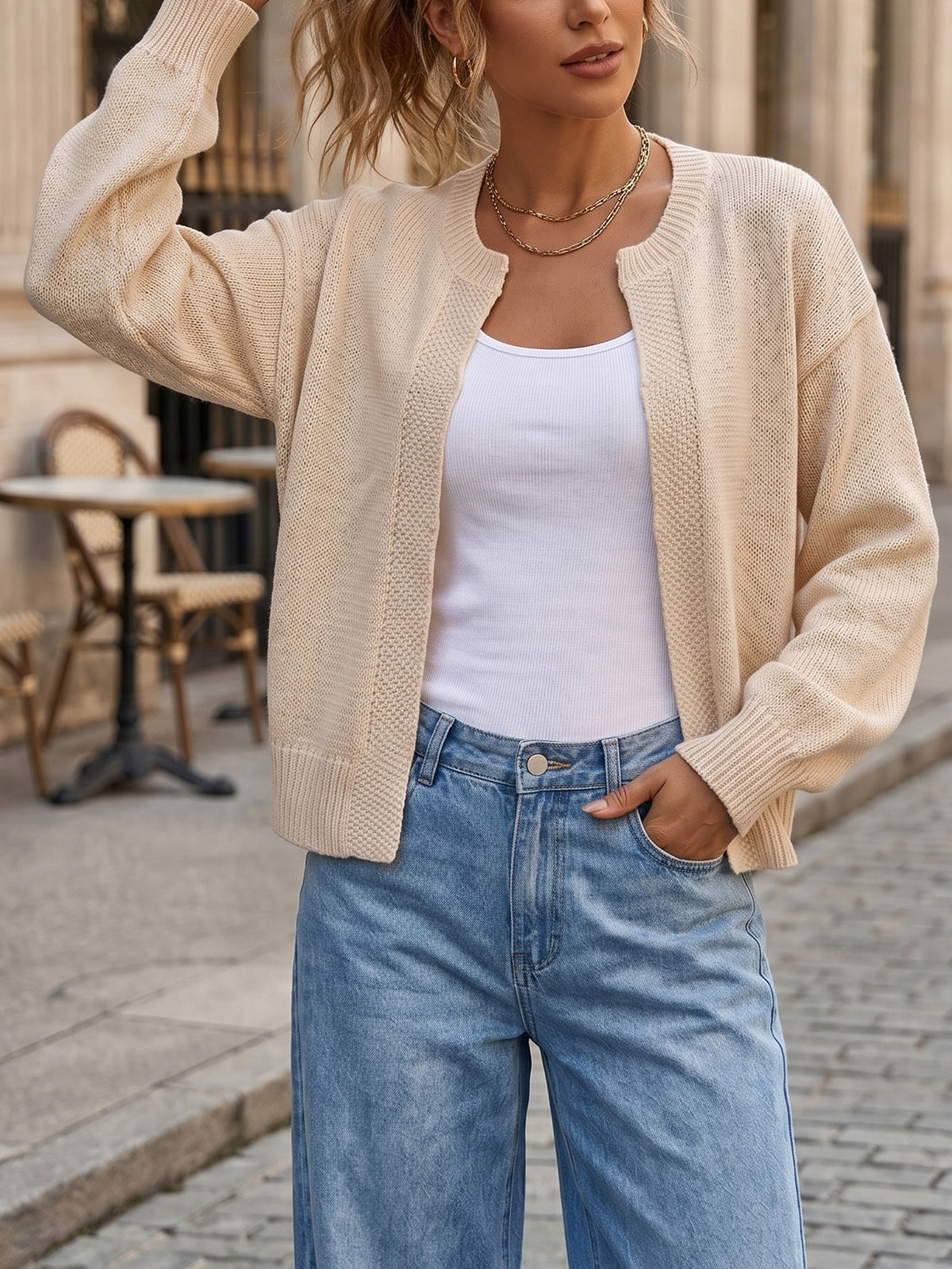 Drop Shoulder Crop Knit Cardigan Round Neck - Apricot