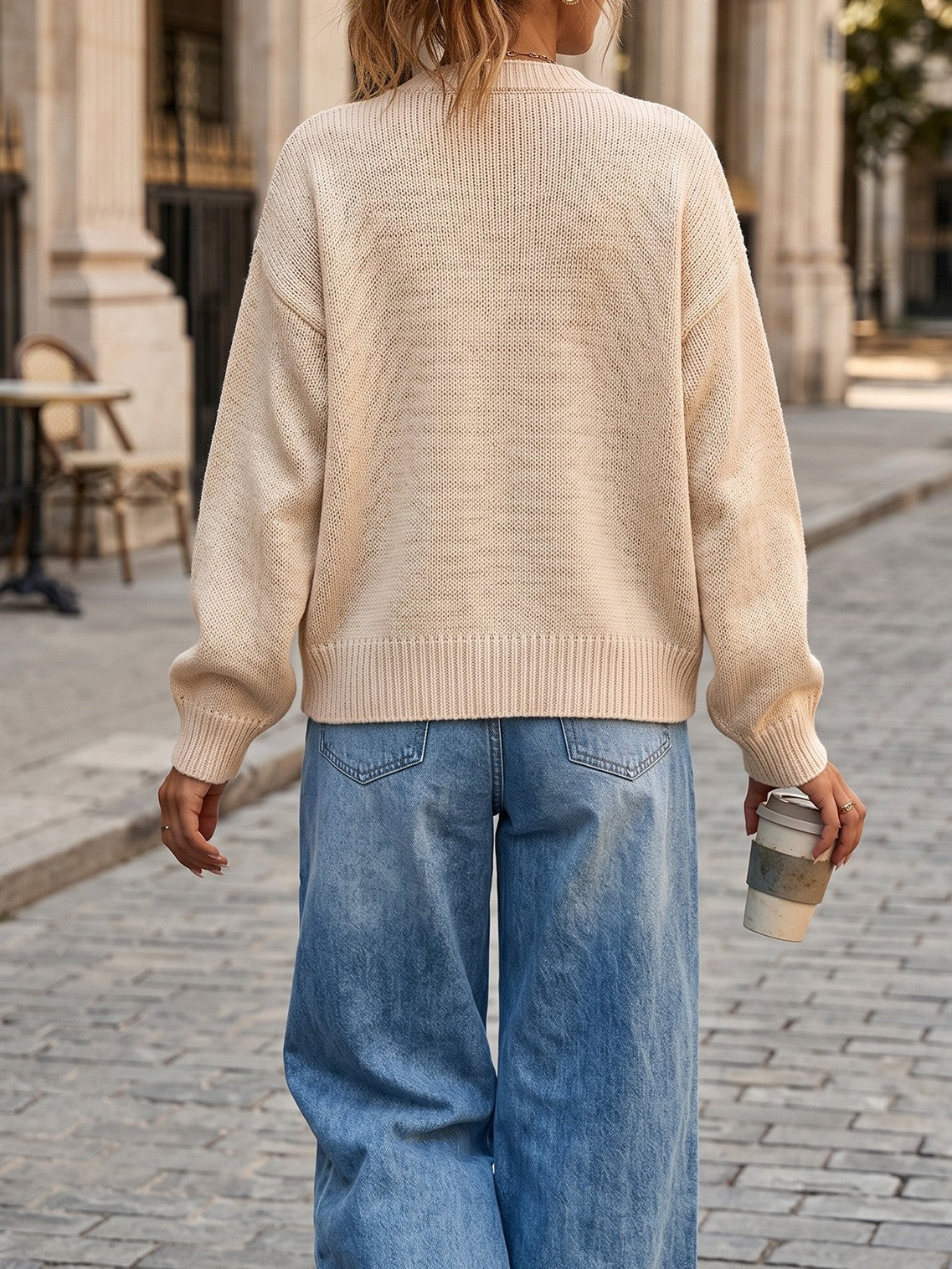 Drop Shoulder Crop Knit Cardigan Round Neck - Apricot - 1