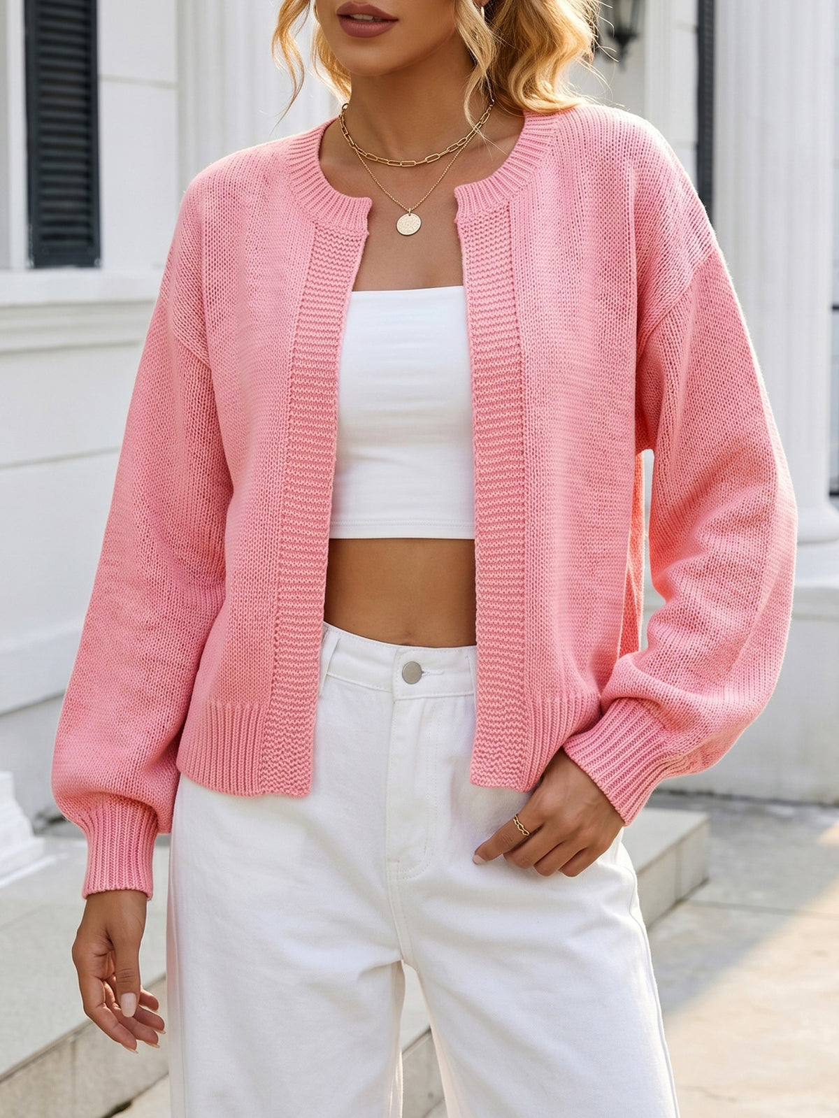 Drop Shoulder Crop Knit Cardigan Round Neck - Pink