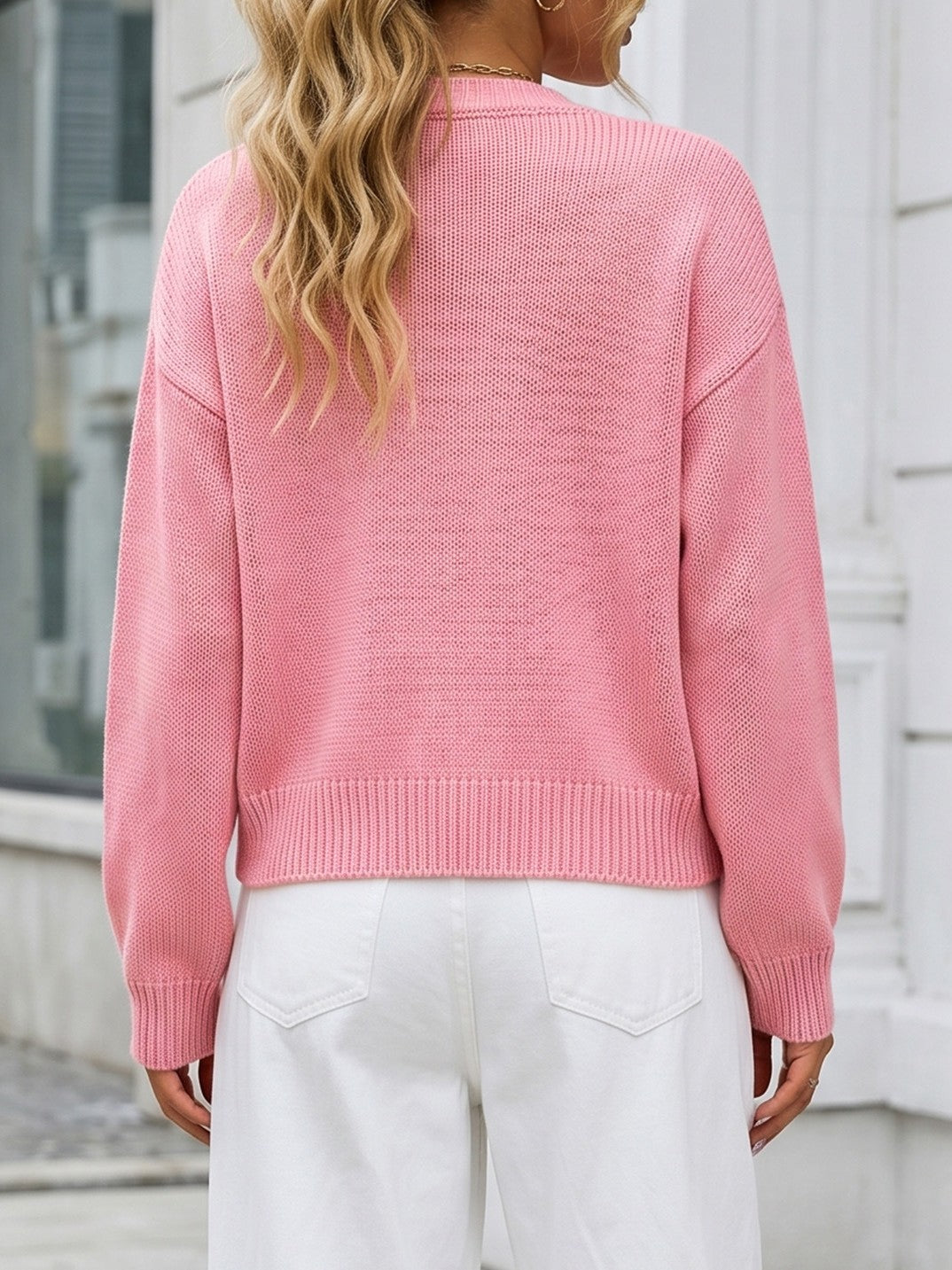 Drop Shoulder Crop Knit Cardigan Round Neck - Pink - 1