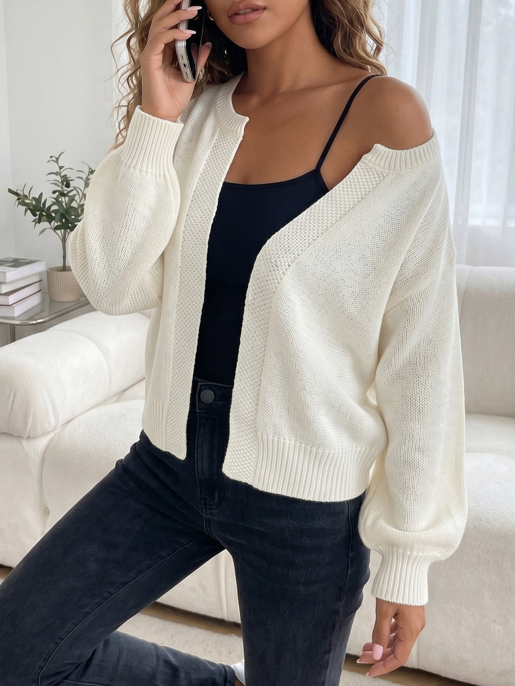 Drop Shoulder Crop Knit Cardigan Round Neck - White - 1
