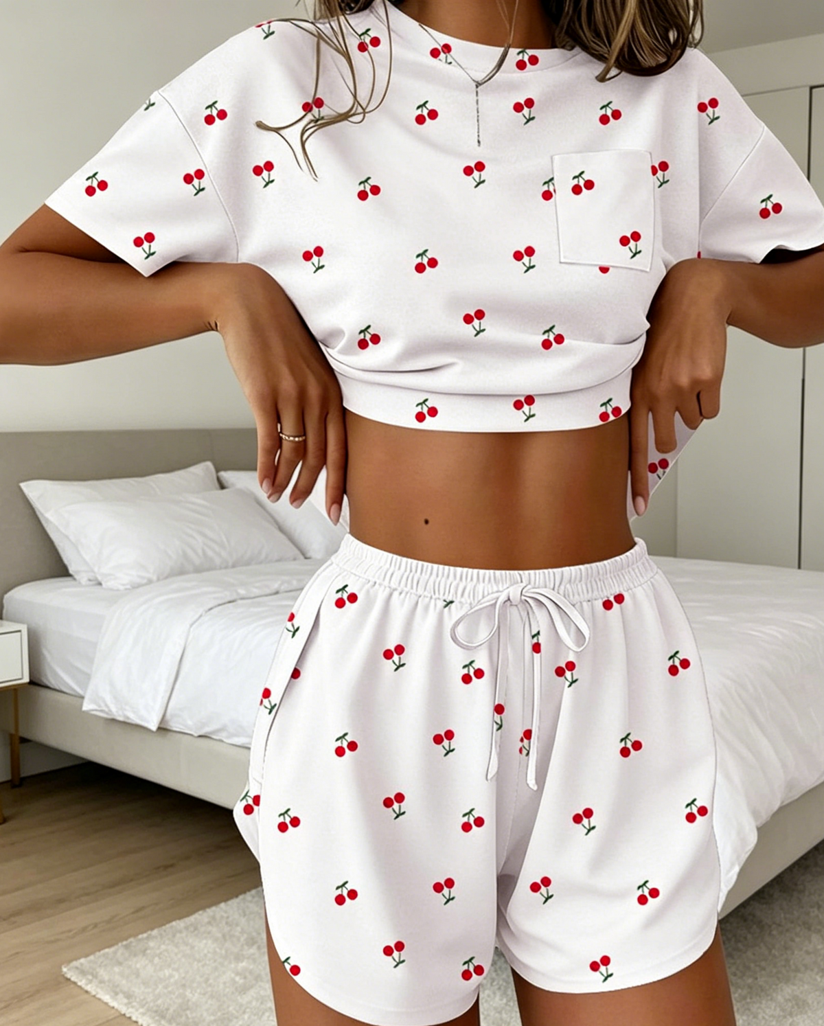 Printed Tee and Curved Hem Shorts Lounge Set - Cherry - 2