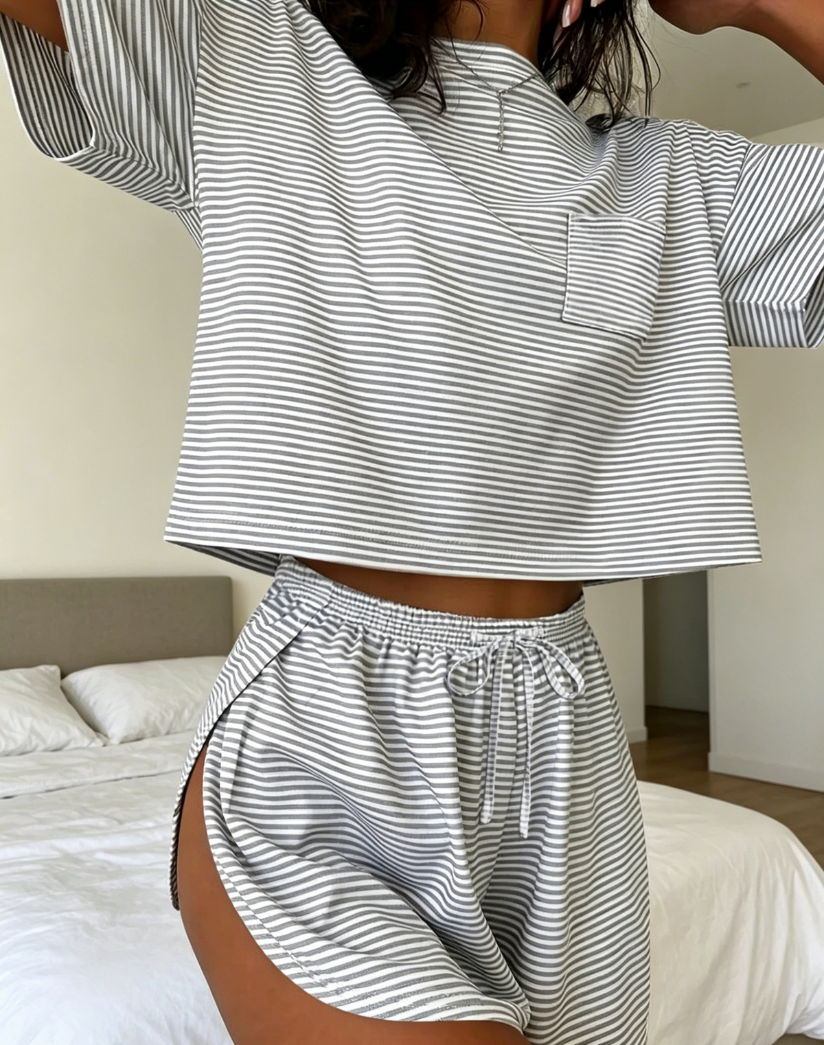 Printed Tee and Curved Hem Shorts Lounge Set - Gray