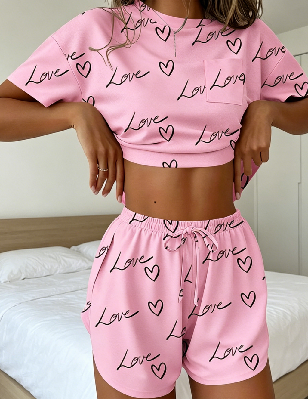 Printed Tee and Curved Hem Shorts Lounge Set - Love