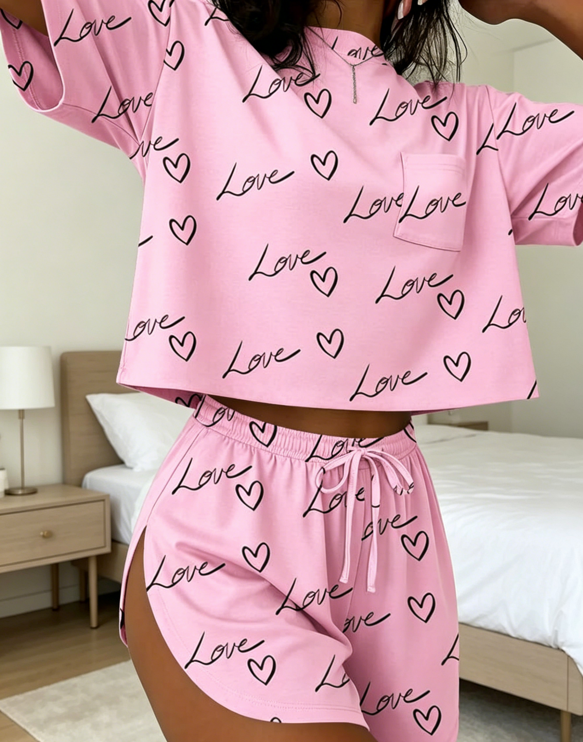 Printed Tee and Curved Hem Shorts Lounge Set - Love - 2