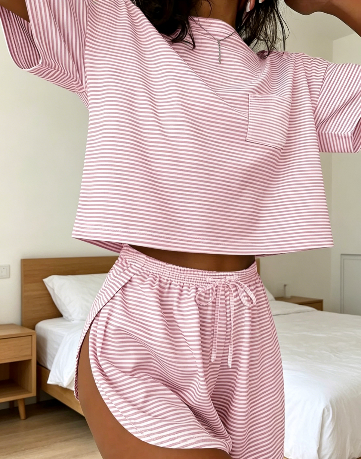 Printed Tee and Curved Hem Shorts Lounge Set - Pink