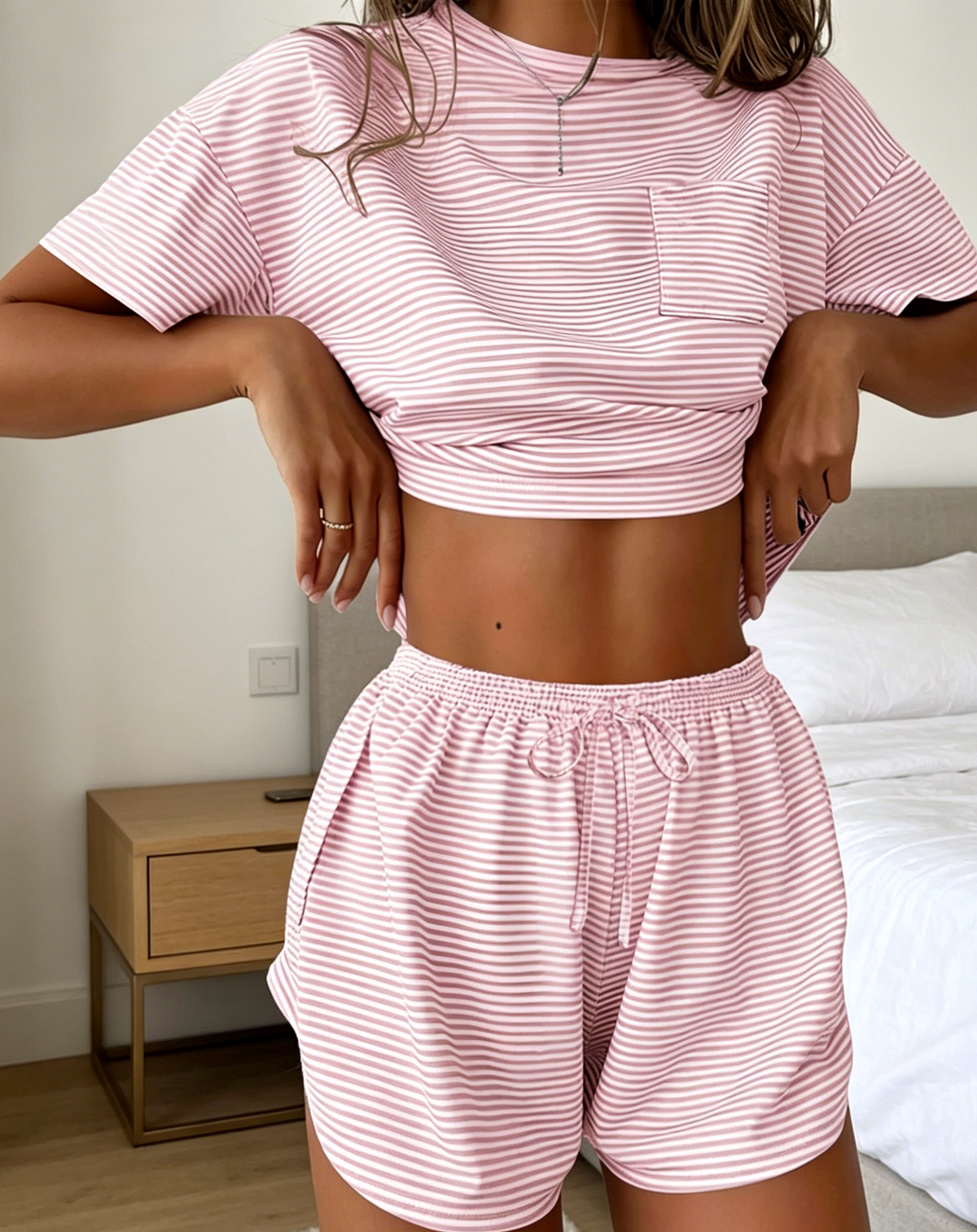 Printed Tee and Curved Hem Shorts Lounge Set - Pink - 2