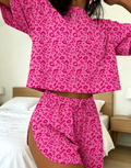 Printed Tee and Curved Hem Shorts Lounge Set - Rose_red
