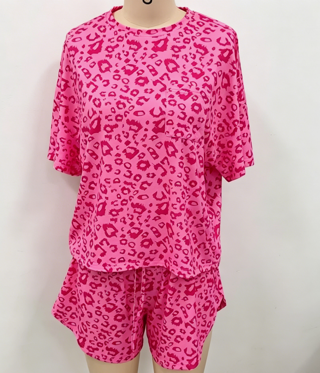 Printed Tee and Curved Hem Shorts Lounge Set - Rose_red - 1