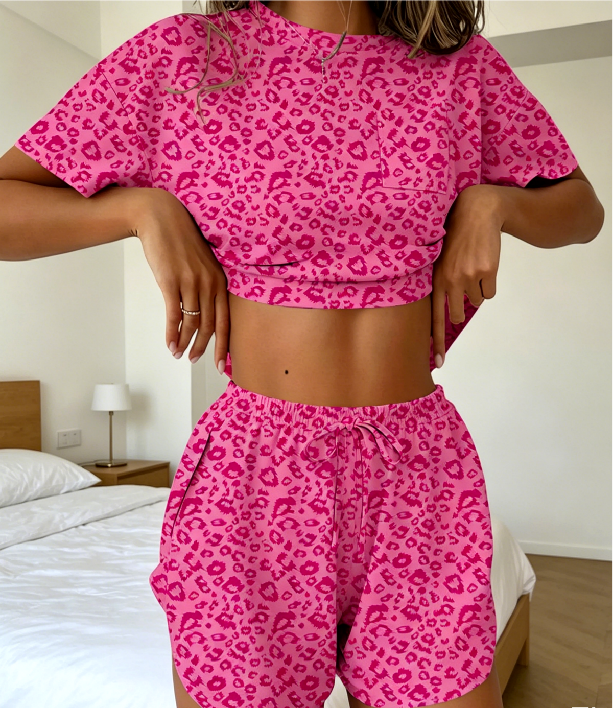 Printed Tee and Curved Hem Shorts Lounge Set - Rose_red - 4