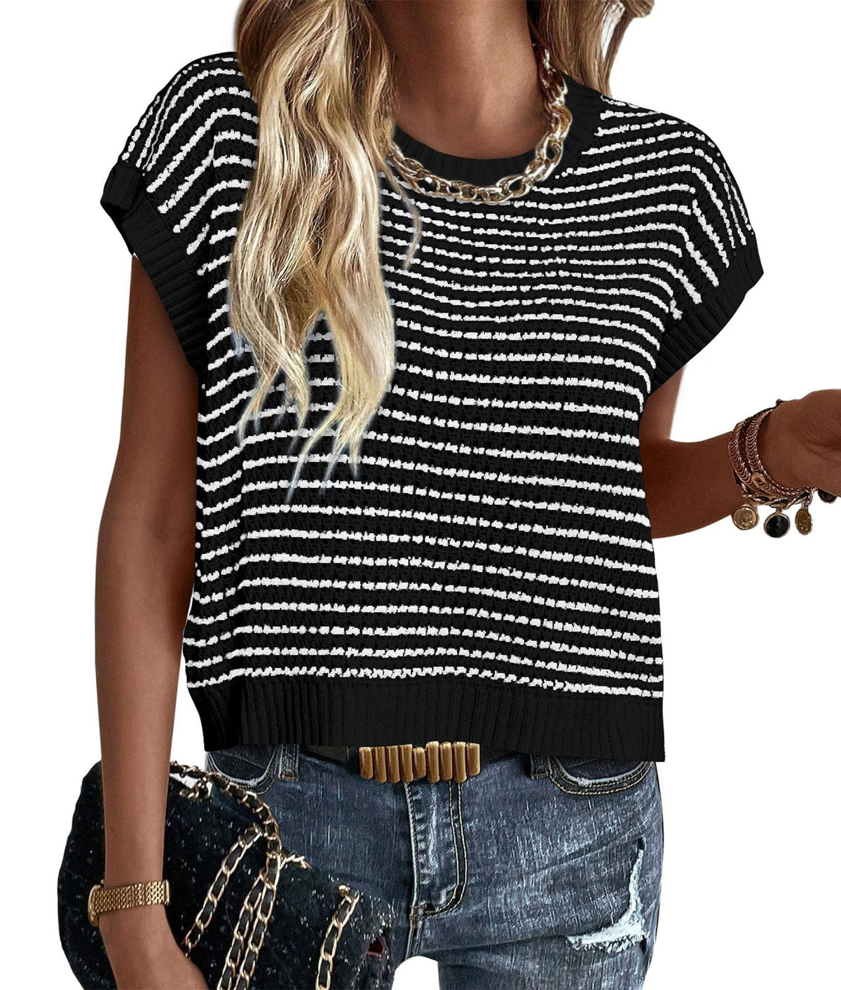 Striped Knit Cap Sleeve Crewneck Tee - Black