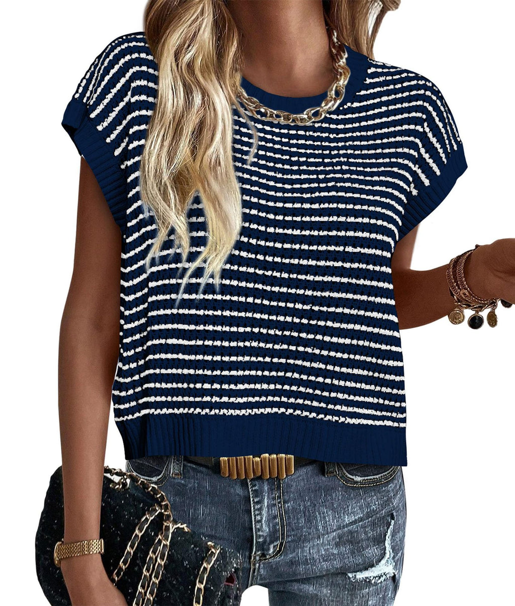 Striped Knit Cap Sleeve Crewneck Tee - Navyblue