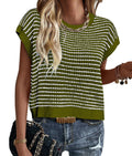 Striped Knit Cap Sleeve Crewneck Tee - Olive