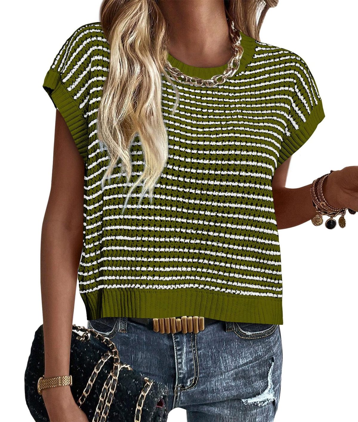 Striped Knit Cap Sleeve Crewneck Tee - Olive