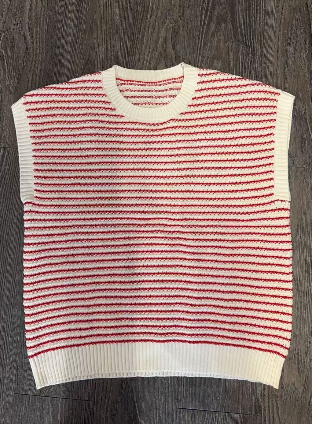 Striped Knit Cap Sleeve Crewneck Tee - Red