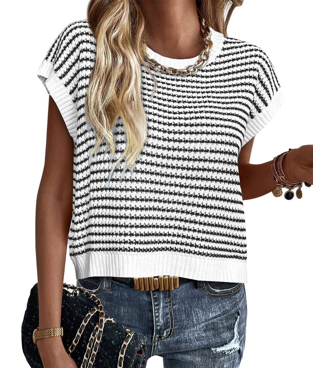 Striped Knit Cap Sleeve Crewneck Tee - White
