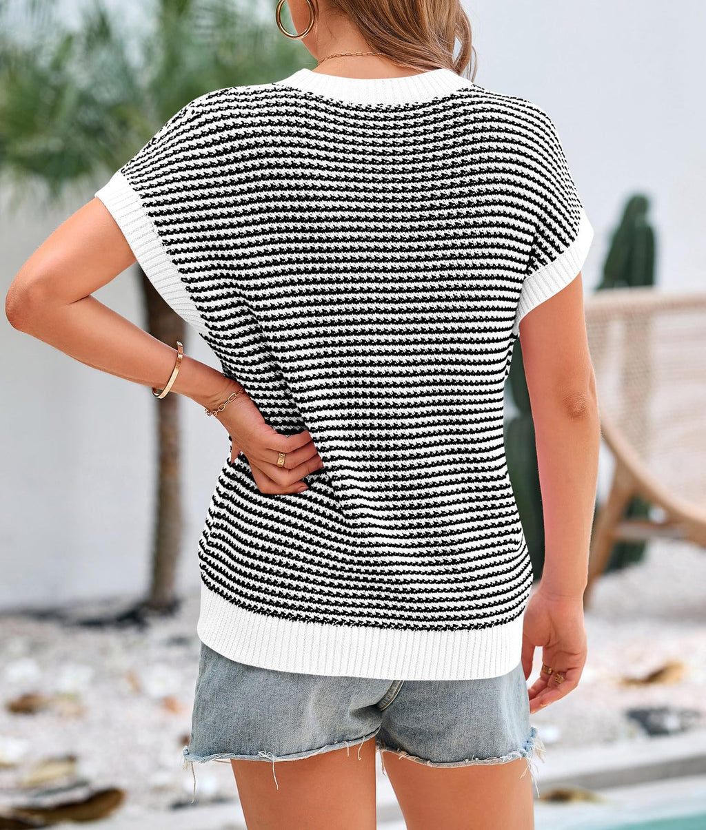 Striped Knit Cap Sleeve Crewneck Tee - White - 1