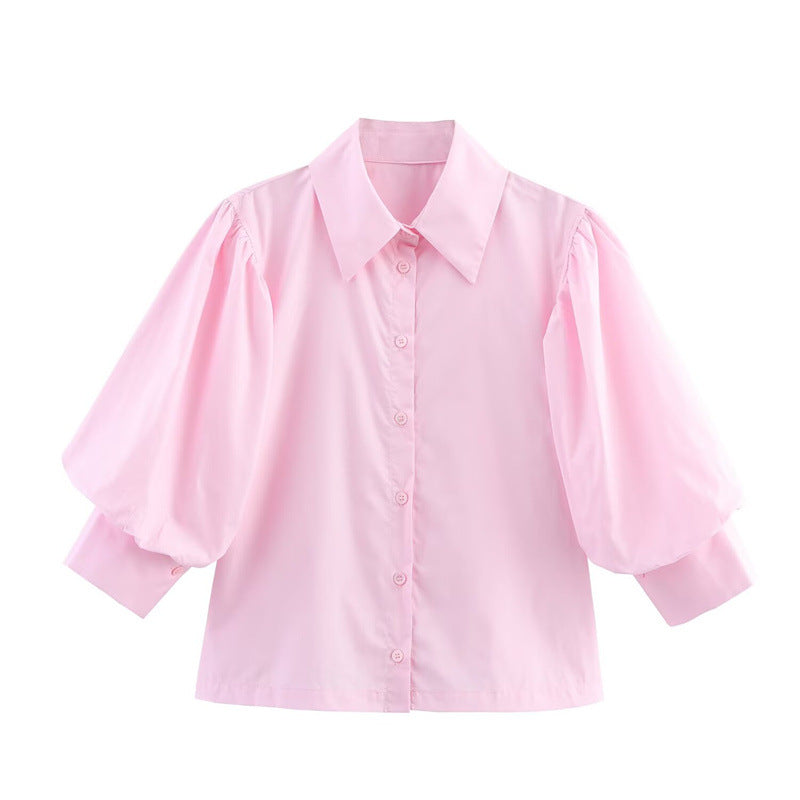 Puff Sleeve Babydoll Button Down Blouse - Pink