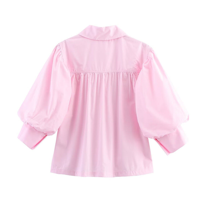 Puff Sleeve Babydoll Button Down Blouse - Pink - 1