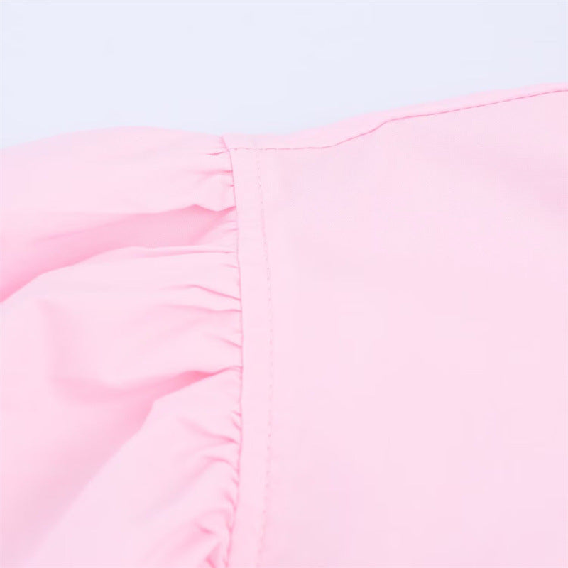 Puff Sleeve Babydoll Button Down Blouse - Pink - 3