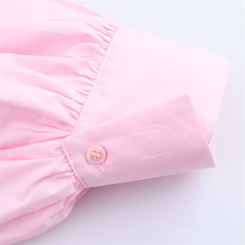 Puff Sleeve Babydoll Button Down Blouse - Pink - 7