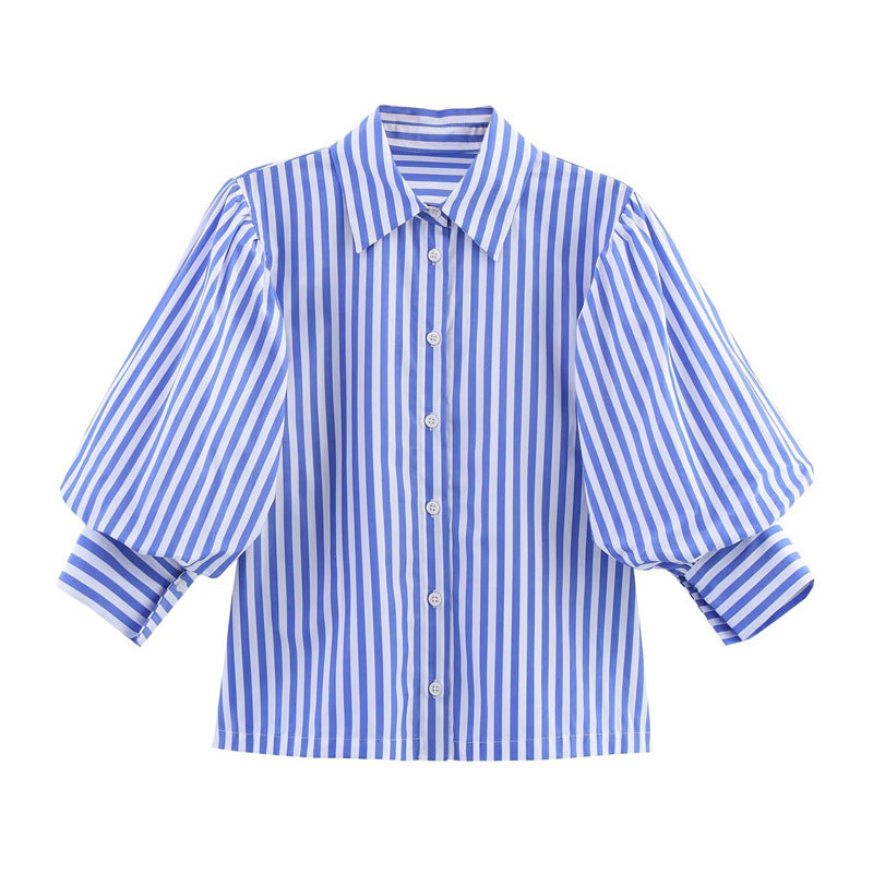 Puff Sleeve Babydoll Button Down Blouse - Stripes