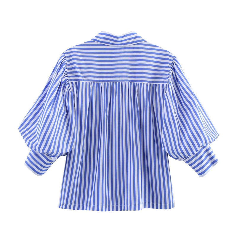 Puff Sleeve Babydoll Button Down Blouse - Stripes - 1