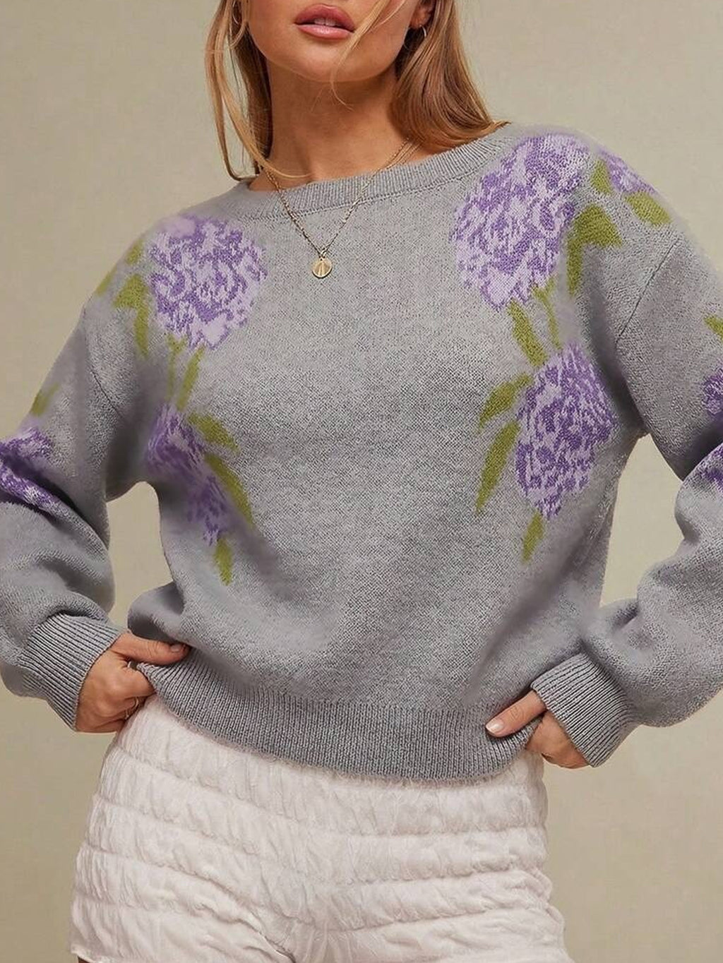 Hydrangea Floral Crew Neck Knit Sweater - Grey