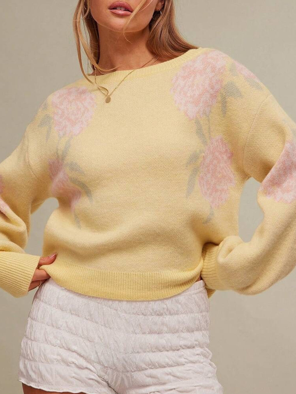 Hydrangea Floral Crew Neck Knit Sweater - Yellow