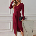Twist Knot Wrap Front Midi Dress - Wine