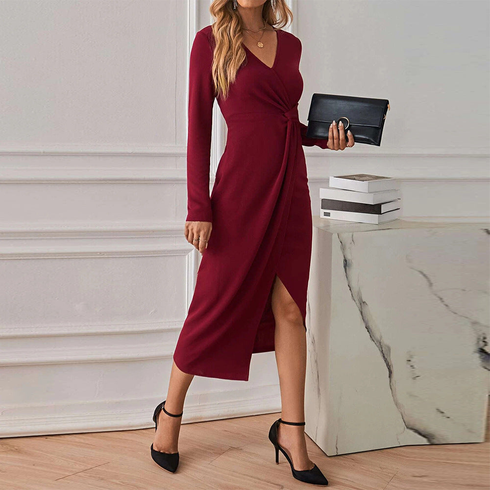 Twist Knot Wrap Front Midi Dress - Wine - 1