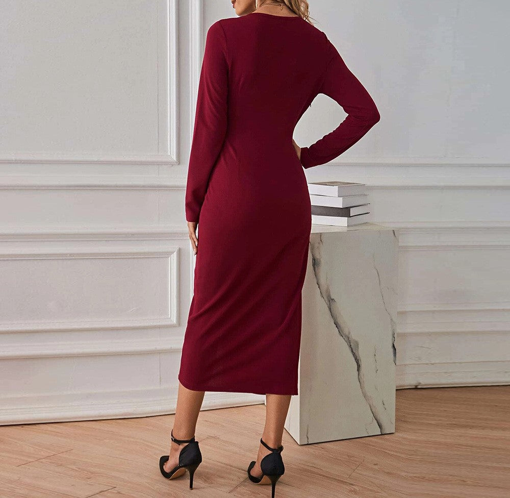 Twist Knot Wrap Front Midi Dress - Wine - 2