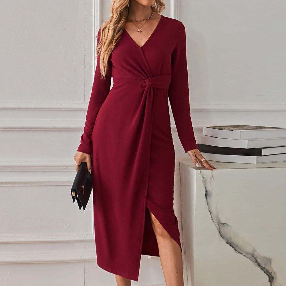 Twist Knot Wrap Front Midi Dress - Wine - 5