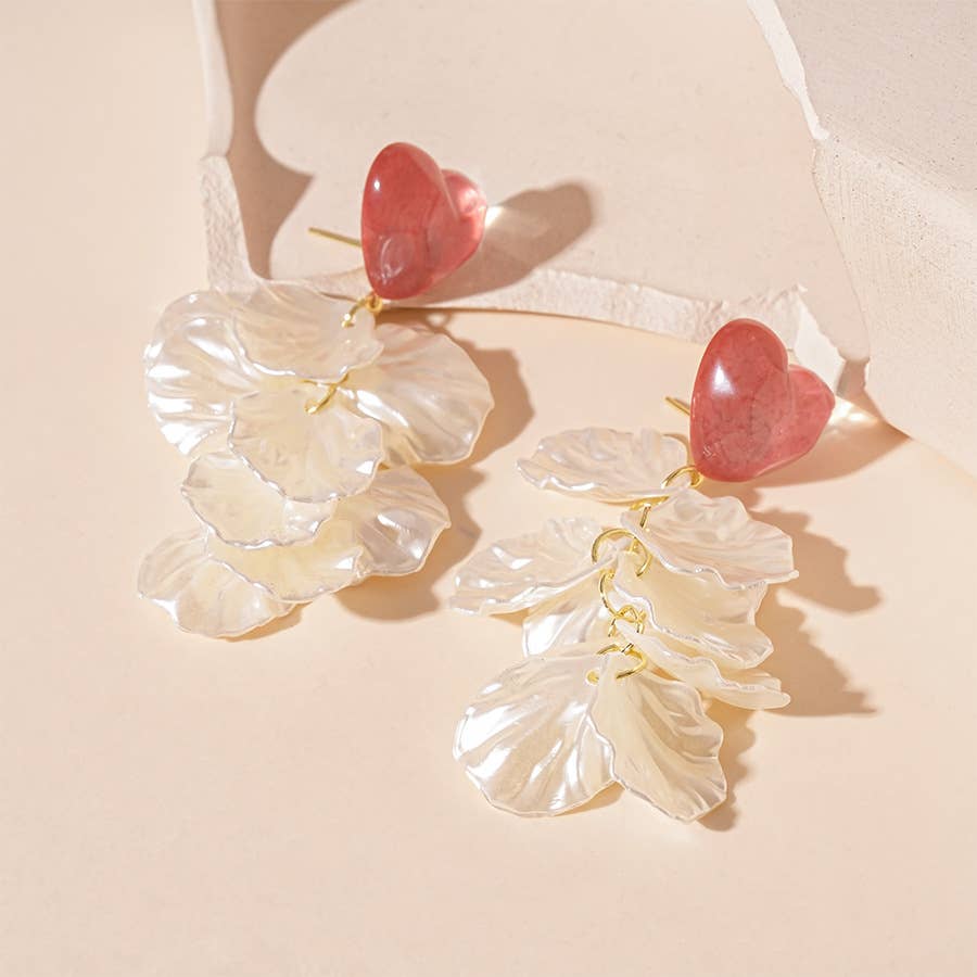Shell Petal Cluster Heart Drop Earrings