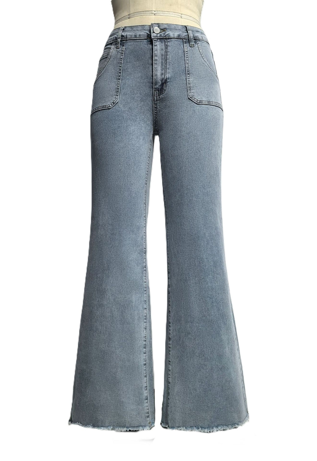 Patch Pocket Raw Hem Flare Jeans - Blue