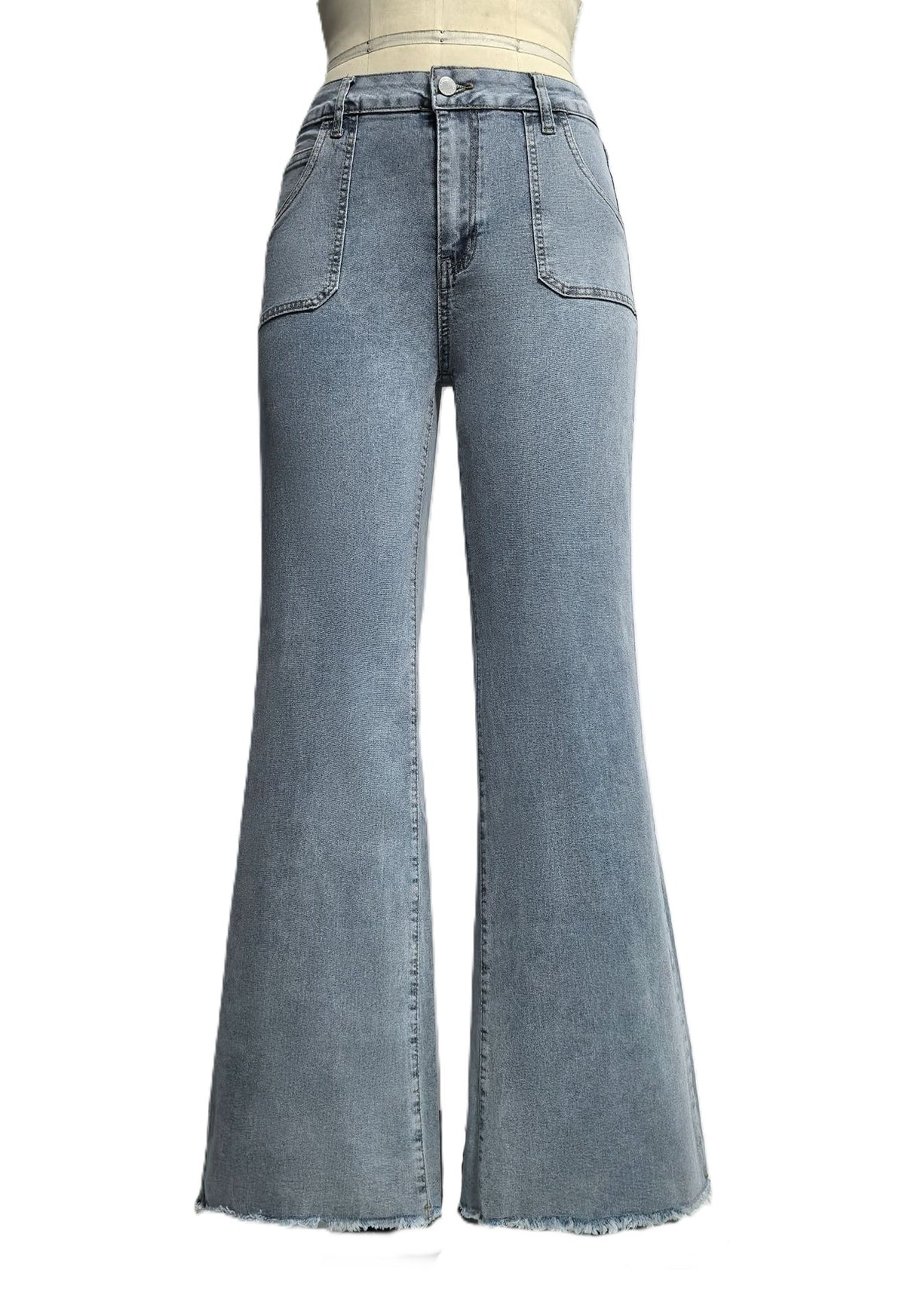 Patch Pocket Raw Hem Flare Jeans - Blue