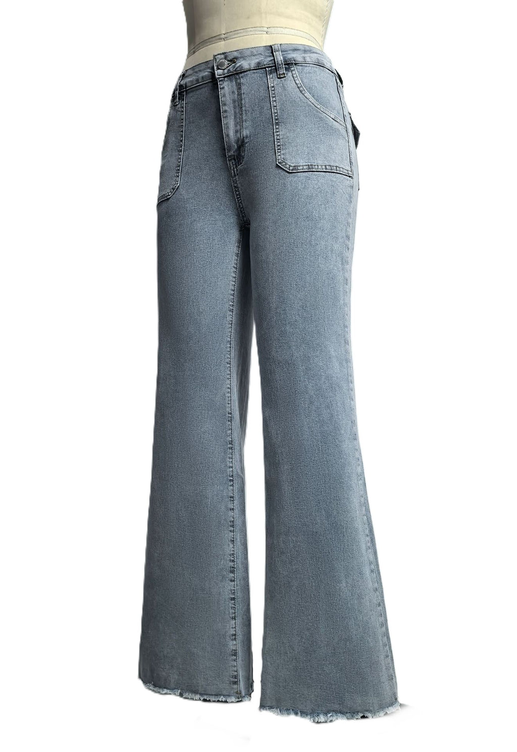 Patch Pocket Raw Hem Flare Jeans - Blue - 1